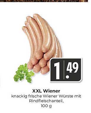 XXL Wiener – knackig frische Wiener Würste mit Rindfleischanteil, 100 g