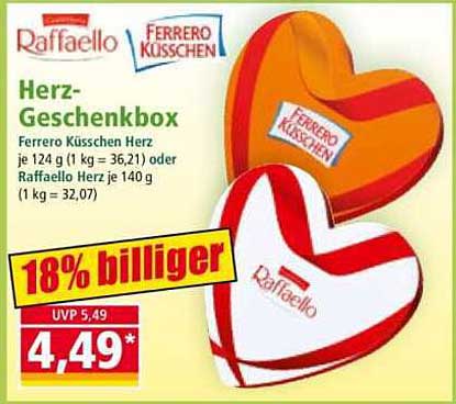 Herz-Geschenkbox Ferrero Küsschen Herz je 124 g (1 kg = 36,21) oder Raffaello Herz je 140 g (1 kg = 32,07)