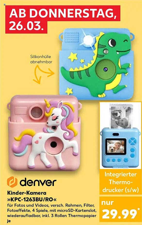 Kinder-Kamera »KPC-1263BU/RO« für Fotos und Videos, versch. Rahmen, Filter, Fotoeffekte, 4 Spiele, mit microSD-Karten slot, wiederaufladbar, inkl. 3 Rollen Thermopapier