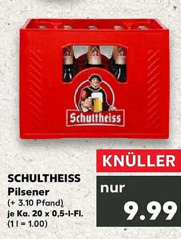 SCHULTHEISS Pilsener (+ 3.10 Pfand) je Ka. 20 x 0,5-I-Fl.
