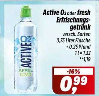 Active O2 oder fresh Erfrischungsgetränk - Apfel Kiwi 0,75 Liter Flasche