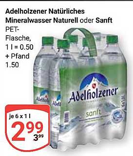 Adelholzener Natürliches Mineralwasser Naturell oder Sanft, 6 x 1 l PET-Flasche