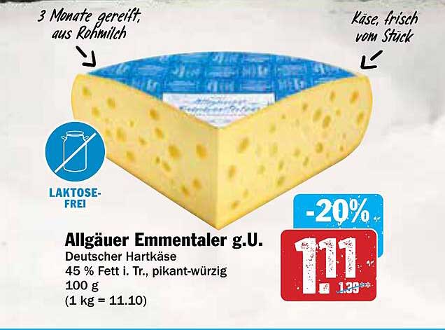 Allgäuer Emmentaler g.U. Deutscher Hartkäse 100 g - 20% reduziert
