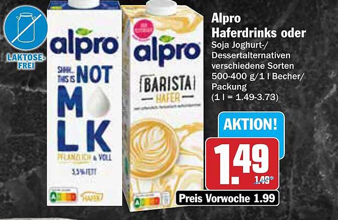 Alpro Haferdrinks oder Soja Joghurt-/Dessertalternativen 500-400 g