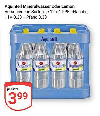 AQUINTELL Mineralwasser oder Lemon 12 x 1 L-PET-Flasche