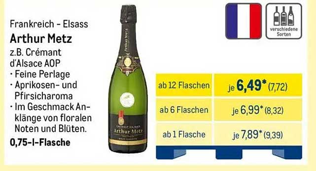 Arthur Metz Crémant d'Alsace AOP – Feine Perlage, Aprikosen- und Pfirsicharoma