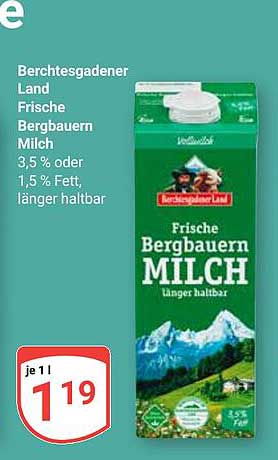 Berchtesgadener Land Frische Bergbauern Milch 3,5 % oder 1,5 % Fett, länger haltbar