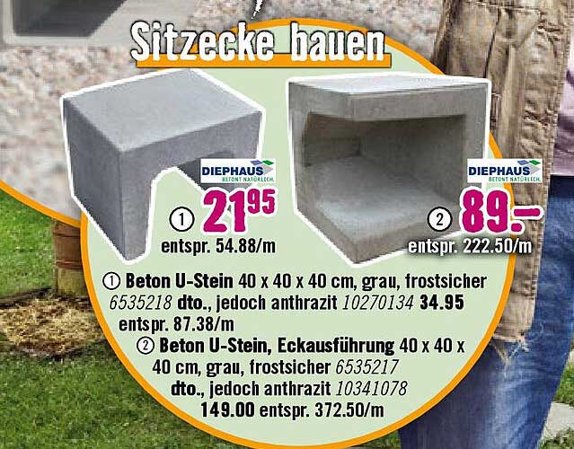 Beton U-Stein 40 x 40 x 40 cm, grau, froststisch