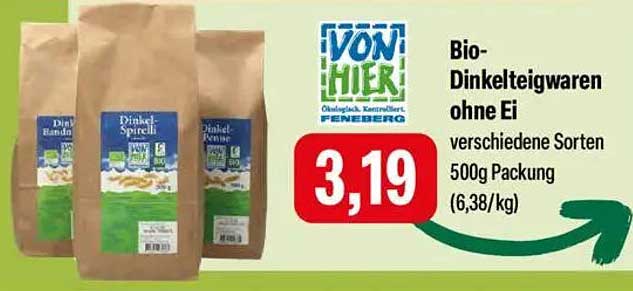 Bio-Dinkelteigwaren ohne Ei - verschiedene Sorten 500g Packung