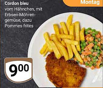 Cordon bleu vom Hähnchen, mit Erbsen-Möhrengemüse, dazu Pommes frites