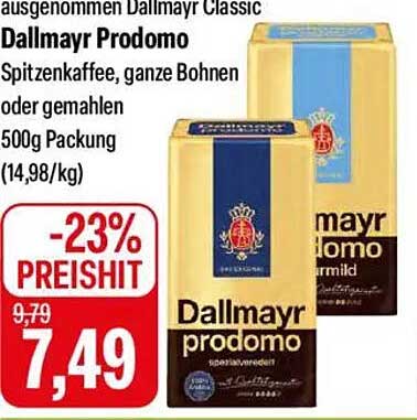 Dallmayr Prodomo Spitzenkaffee, ganze Bohnen oder gemahlen 500g Packung
