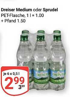 Dreiser Medium oder Sprudel PET-Flasche, 1 l = 1,00 € + Pfand 1,50 €
