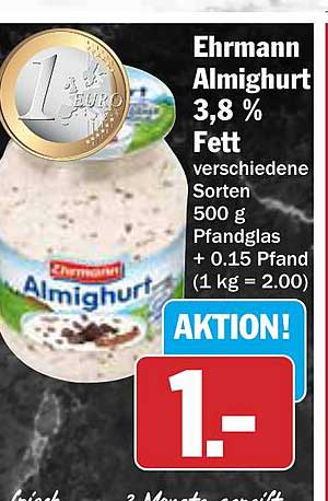 Ehrmann Almighurt 3,8 % Fett, verschiedene Sorten, 500 g Pfandglas
