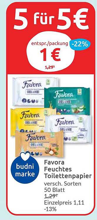 Favora Feuchtes Toilettenpapier - 5 für 5 €
