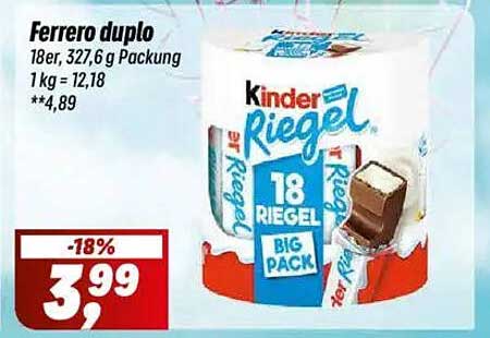 Ferrero duplo Kinder Riegel 18er, 327,6 g Packung