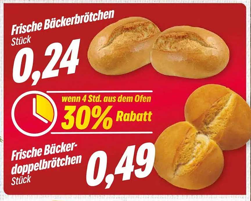 Frische Bäckerbrötchen - Stück 0,24 € und Frische Bäcker-Doppelbrötchen - Stück 0,49 €
