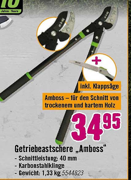 Getriebeastschere „Amboss“ inkl. Klappsäge - für den Schnitt von trockenem und hartem Holz