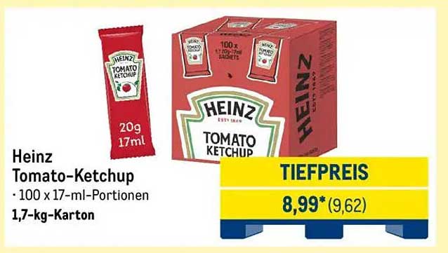 Heinz Tomaten-Ketchup – 100 x 17-ml-Portionen im 1,7-kg-Karton