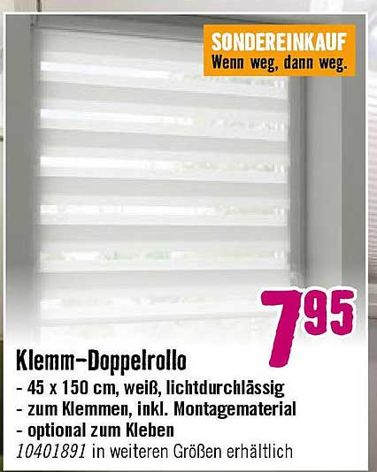 Klemm-Doppelrollo 45 x 150 cm, weiß, lichtdurchlässig