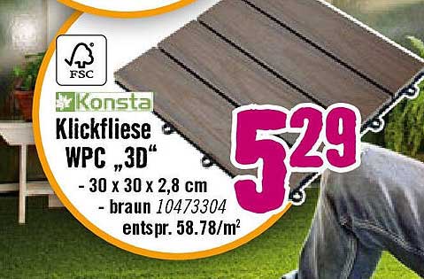 Klickfliese WPC „3D“ - 30 x 30 x 2,8 cm, braun