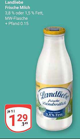 Landliebe Frische Milch 3,8 % oder 1,5 % Fett, MW-Flasche