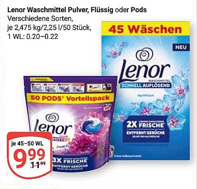 Lenor Waschmittel Pulver, Flüssig oder Pods, verschiedene Sorten, 2,475 kg / 2,25 l / 50 Stück