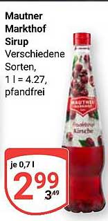 Mautner Markthof Sirup verschiedene Sorten, 1 l = 4,27, pfandfrei
