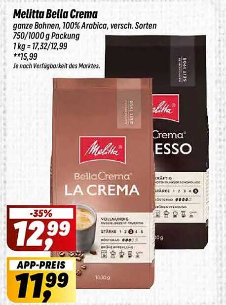 Melitta Bella Crema ganze Bohnen, 100% Arabica, versch. Sorten 750/1000 g