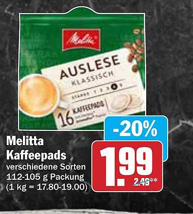 Melitta Kaffee-Pads, verschiedene Sorten, 16 Stück, 112-105 g Packung