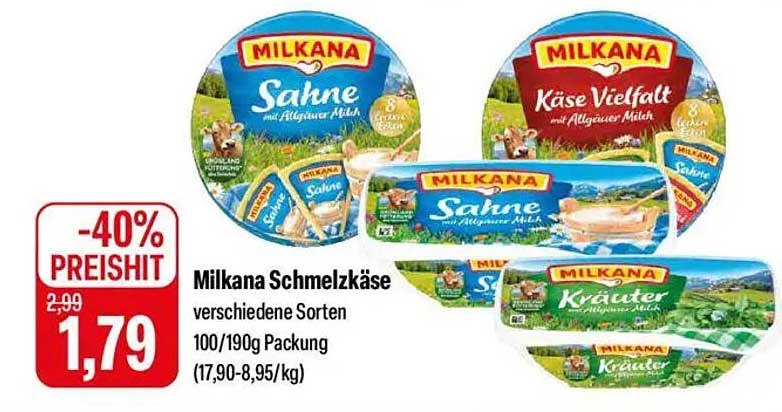 Milkana Schmelzkäse verschiedene Sorten 100/190g Packung