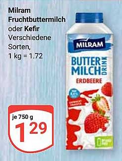 Milram Fruchtbuttermilch oder Kefir verschiedener Sorten, je 750 g - nur 1,29 €