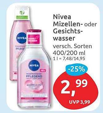Nivea Mizellen- oder Gesichtswasser, 400/200 ml