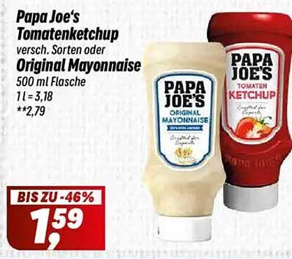Papa Joe's Tomatenketchup oder Original Mayonnaise 500 ml Flasche