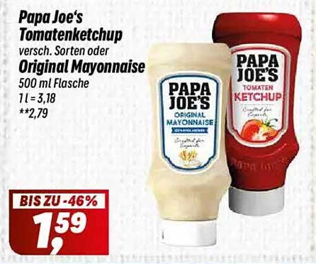 Papa Joe's Tomatenketchup oder Original Mayonnaise – 500 ml Flasche