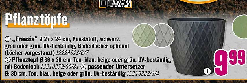 Pflanztöpfe "Freesia" 27 cm Kunststoff, schwarz, grau oder grün