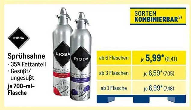 RIÖBA Sprühsahne – 35% Fettgehalt, gesüßt/ungesüßt, 700 ml-Flasche
