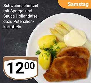 Schweineschnitzel mit Spargel und Sauce Hollandaise, dazu Petersilienkartoffeln