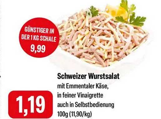 Schweizer Wurstsalat mit Emmentaler Käse, in feiner Vinaigrette