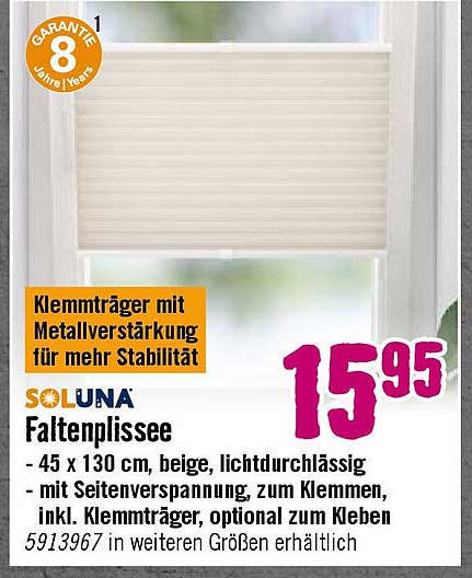 SOLUNA Faltenplissee 45 x 130 cm - beige, lichtdurchlässig