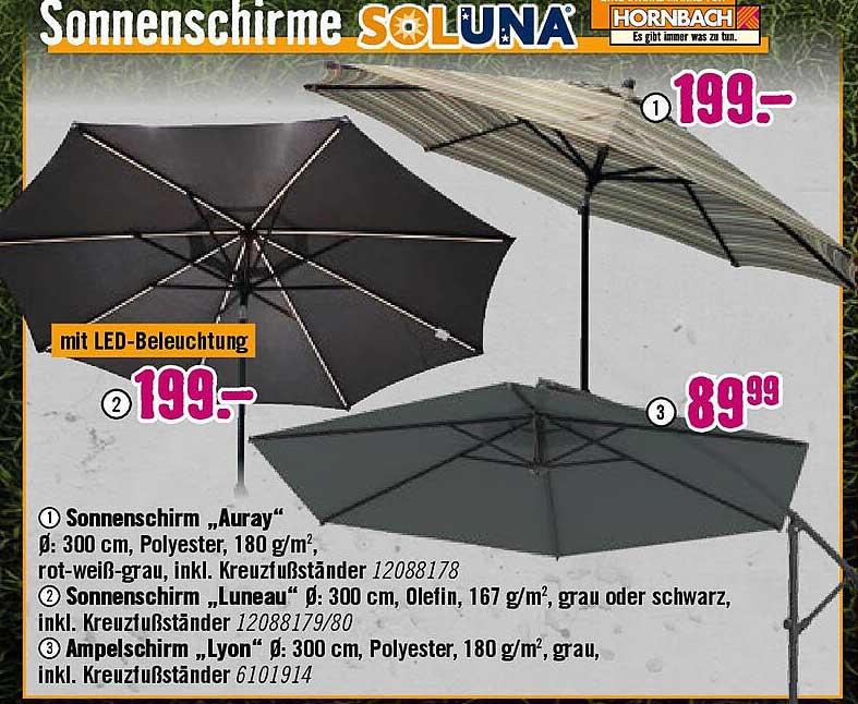 Sonnenschirm "Luneau" Ø 300 cm, Olefin, 167 g/m², grau oder schwarz, inkl. Kreuzfußständer