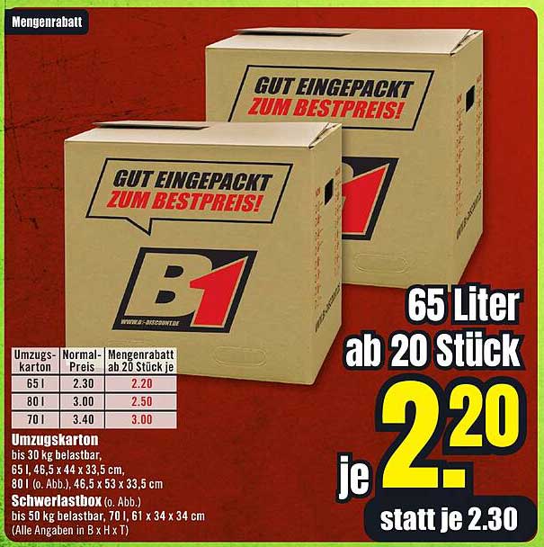 Umzugskarton 65 Liter ab 20 Stück je 2,20 € statt 2,30 €