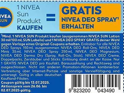 1 NIVEA SUN Produkt kaufen und GRATIS NIVEA Deo Spray erhalten