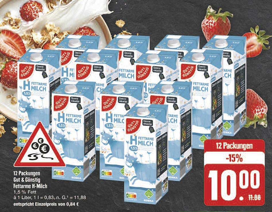 12 Packungen Gut & Günstig Fettarme H-Milch 1,5 % Fett