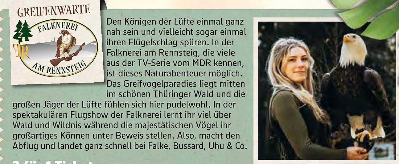 2 für 1 Tickets für die Greifenwarte Falknerei am Rennsteig