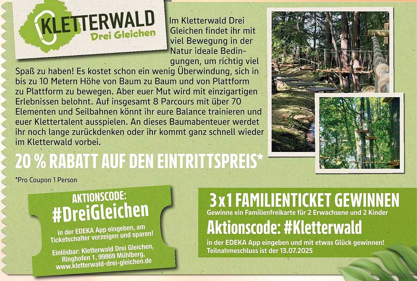 20 % Rabatt auf den Eintrittspreis im Kletterwald Drei Gleichen