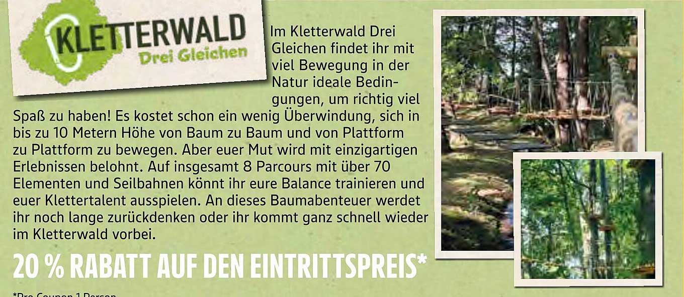 20 % Rabatt auf den Eintrittspreis im Kletterwald Drei Gleichen
