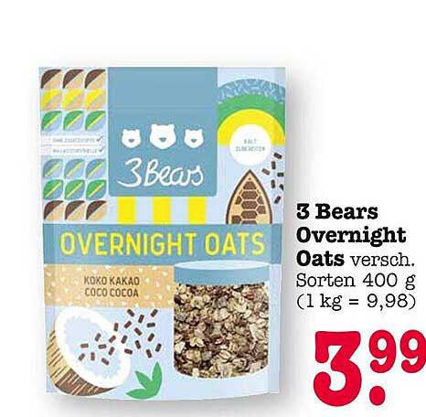 3 Bears Overnight Oats, verschiedene Sorten, 400 g