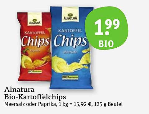 Alnatura Bio-Kartoffelchips Meersalz oder Paprika, 125 g Beutel