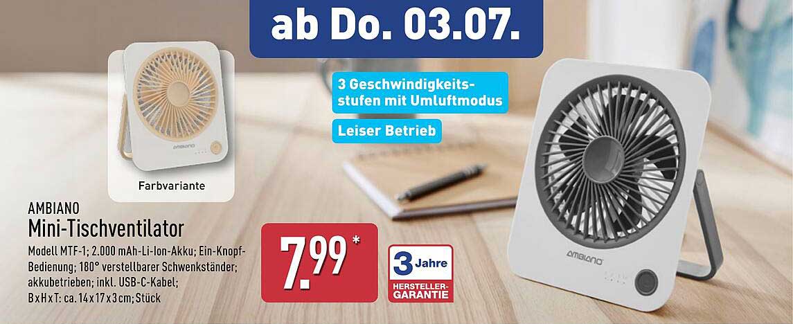 AMBIANO Mini-Tischventilator