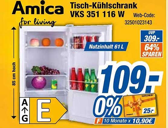 Amica Tisch-Kühlschrank VKS 351 116 W